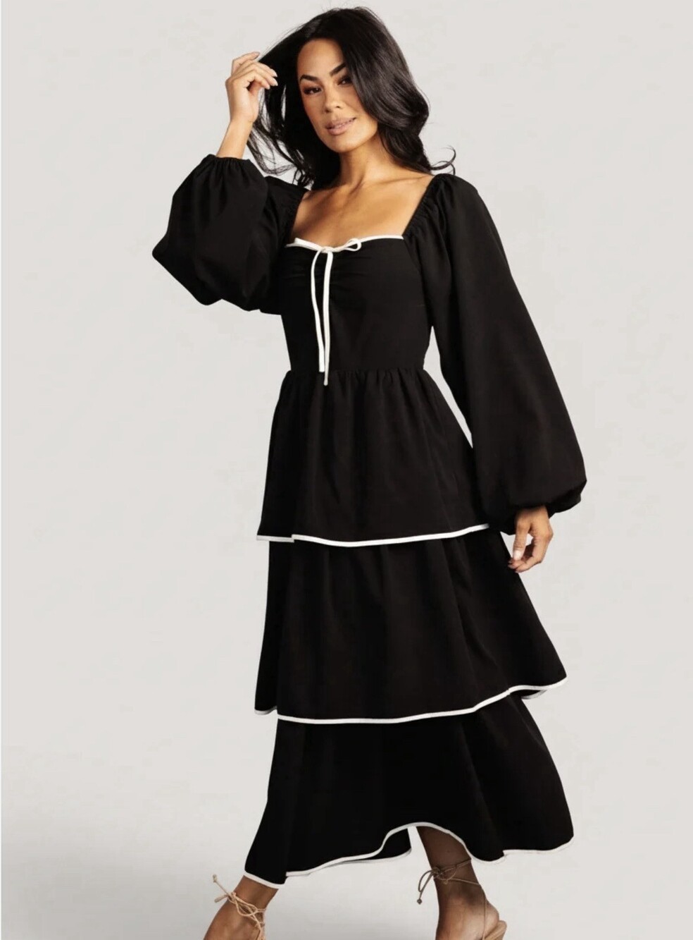 Baltic Born Black/White Contrast Trim Smocked Square Neck Maxi Dress S